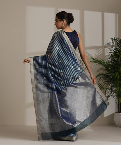 Handloom_Teal_Double_Shade_Silver_Striped_Pure_Chanderi_Silk_Saree_With_All_Over_Flower_Booti_WeaverStory03