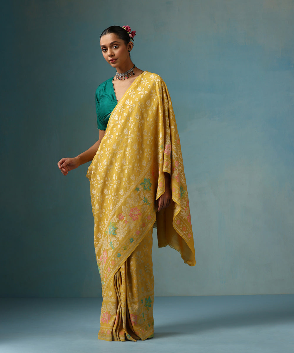 Yellow_Handloom_Pure_Tussar_Georgette_Banarasi_Saree_With_Multi_Colour_Meenakari_WeaverStory_01