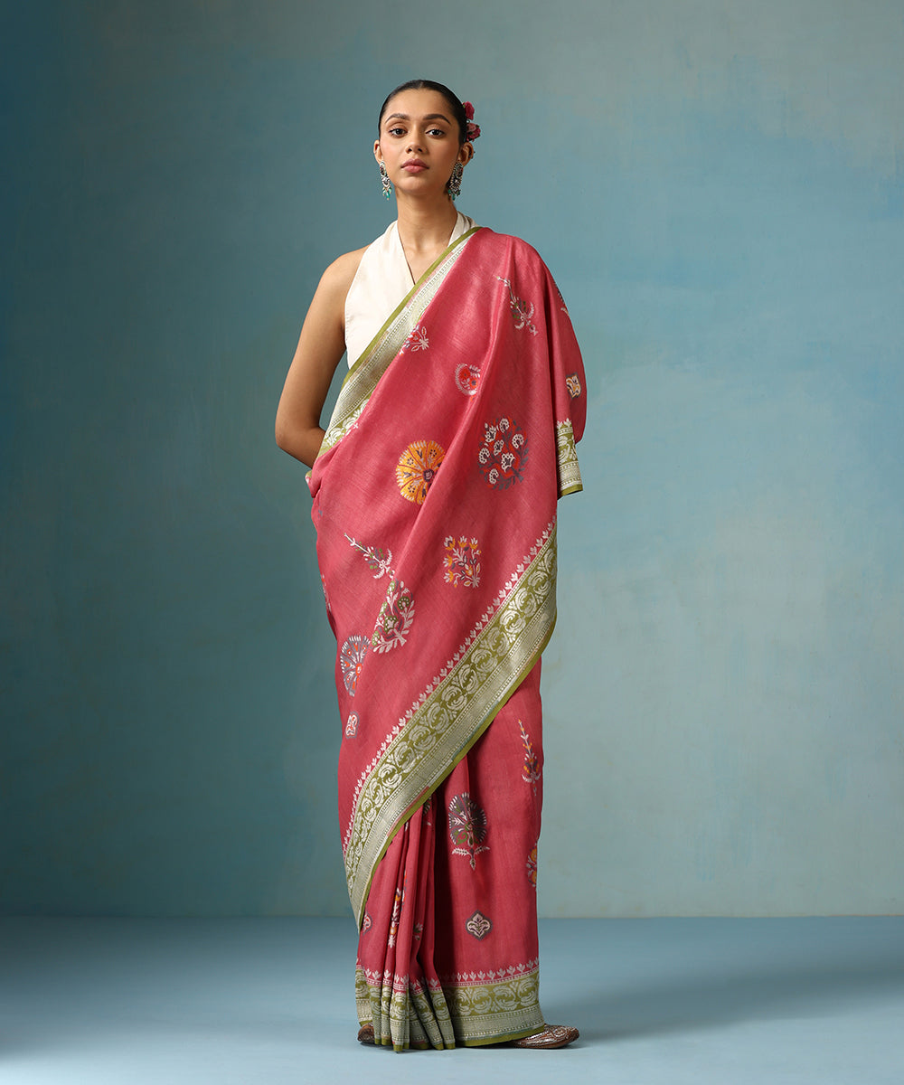 Pink_Handloom_Pure_Tussar_Georgette_Banarasi_Saree_With_Multi_Colour_Meenakari_And_Olive_Border_WeaverStory_01