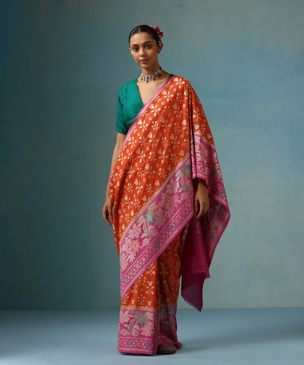 Orange_And_Purple_Handloom_Pure_Tussar_Georgette_Banarasi_Saree_With_Multi_Colour_Meenakari_WeaverStory_01