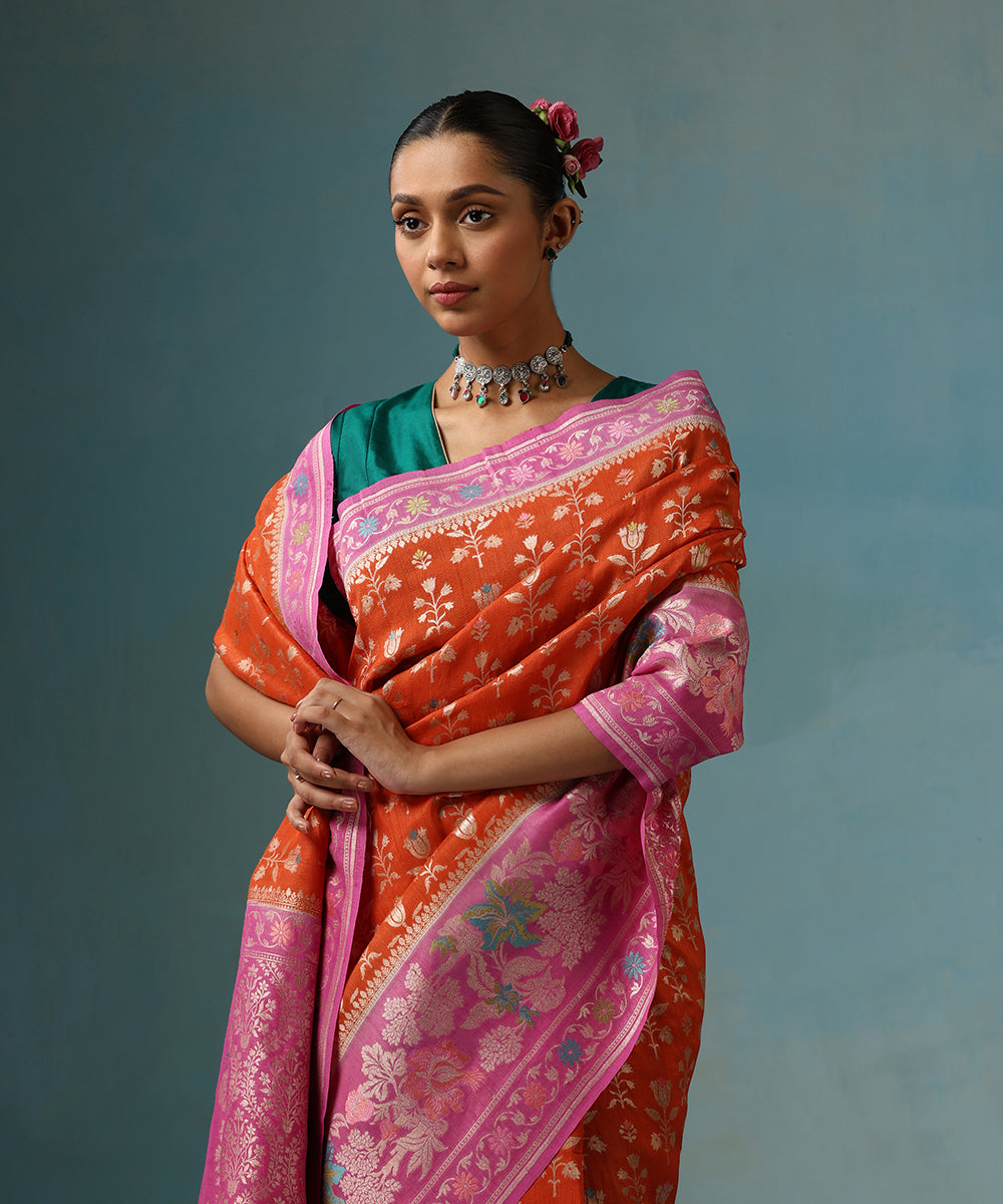 Orange_And_Purple_Handloom_Pure_Tussar_Georgette_Banarasi_Saree_With_Multi_Colour_Meenakari_WeaverStory_02