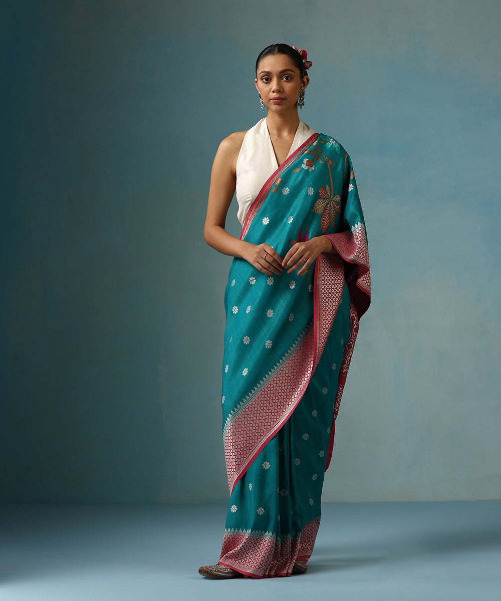 Teal_Green_Handloom_Pure_Tussar_Georgette_Banarasi_Saree_With_Multi_Colour_Meenakari_And_Pink_Border_WeaverStory_01