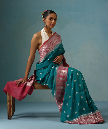 Teal_Green_Handloom_Pure_Tussar_Georgette_Banarasi_Saree_With_Multi_Colour_Meenakari_And_Pink_Border_WeaverStory_02