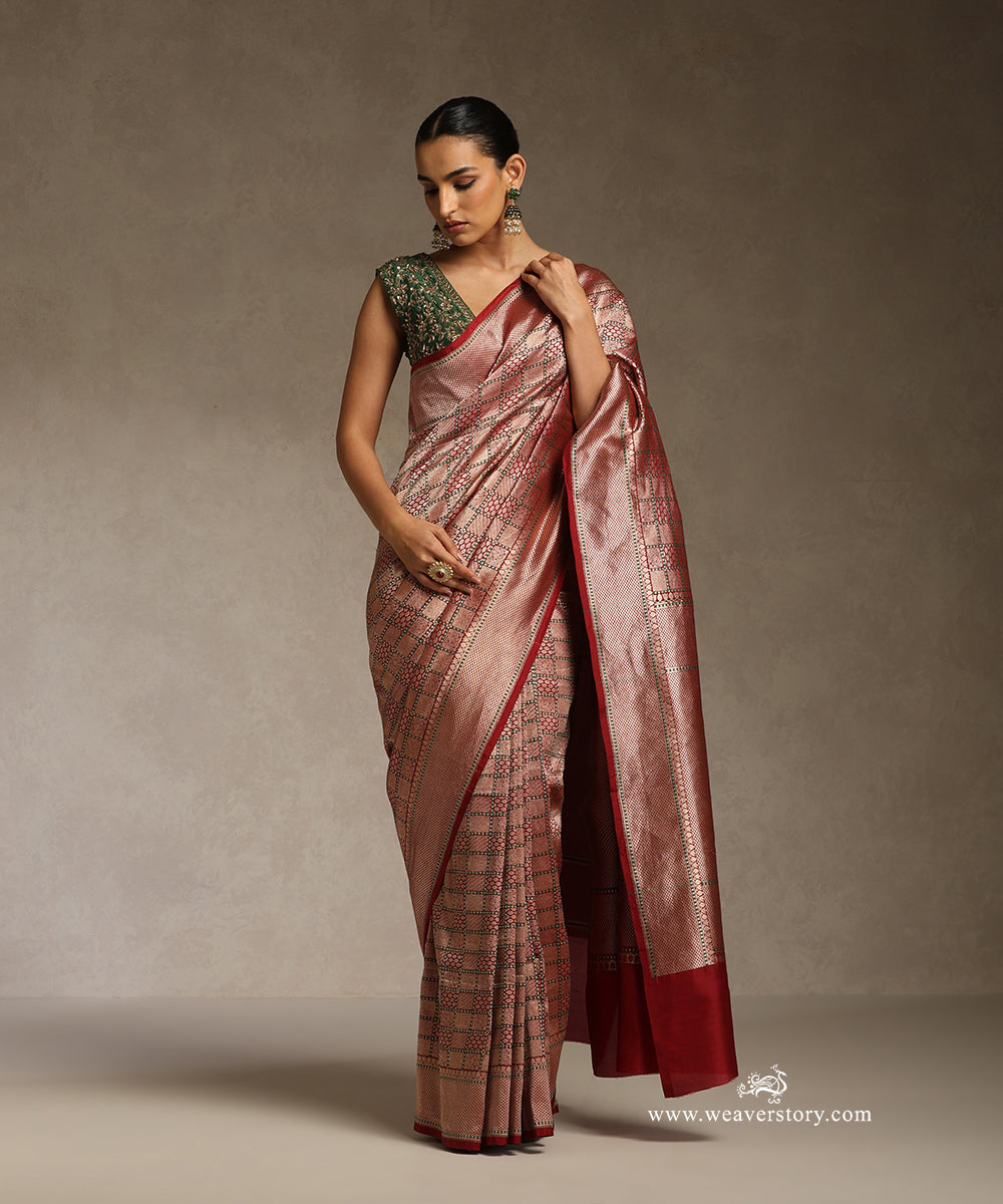 Red_Handloom_Banarasi_Saree_With_Zari_Checks_And_Green_Meenakari_WeaverStory_01