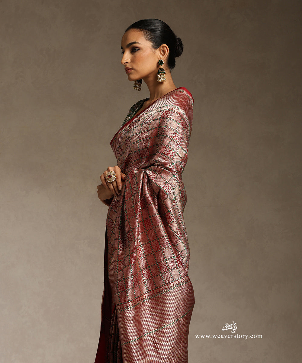 Red_Handloom_Banarasi_Saree_With_Zari_Checks_And_Green_Meenakari_WeaverStory_02