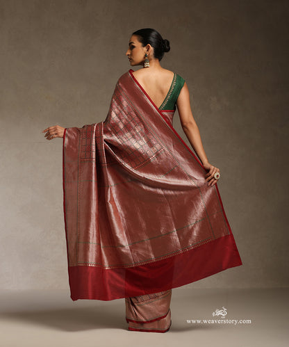 Red_Handloom_Banarasi_Saree_With_Zari_Checks_And_Green_Meenakari_WeaverStory_03