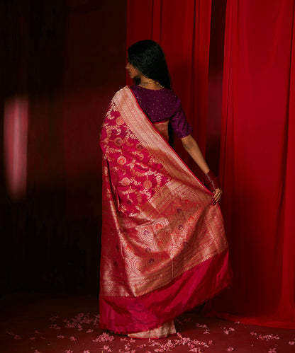 Rani Pink Handloom Pure Katan Silk Banarasi Saree With Meenakari Floral Motifs