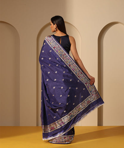 Ink Blue Handloom Pure Katan Silk Banarasi Saree With Meenakari Border