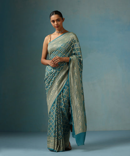 Handloom_Teal_Pure_Georgette_Banarasi_Bandhej_Saree_With_Cutwork_Jaal_WeaverStory_01