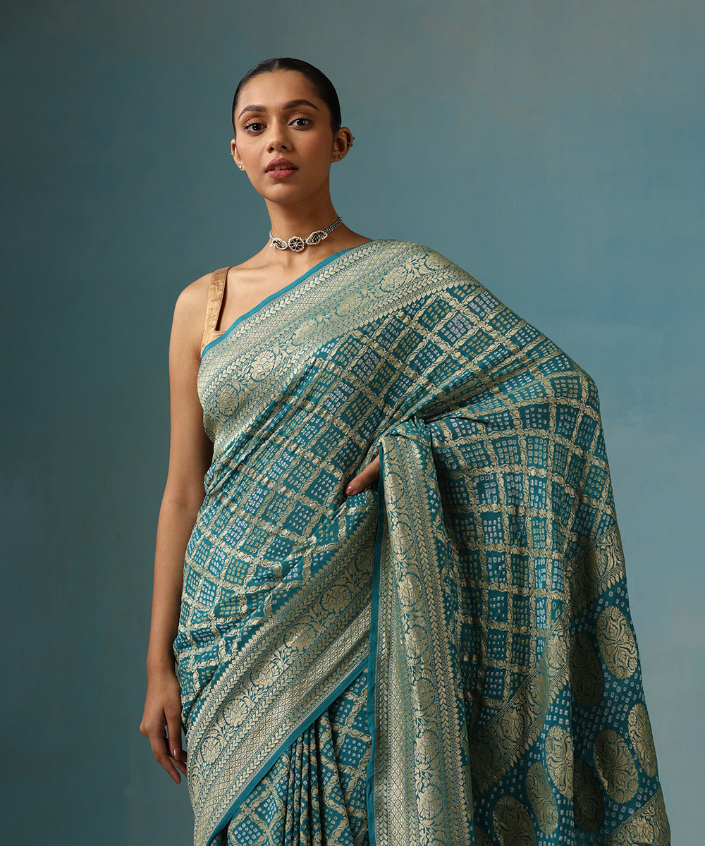 Handloom_Teal_Pure_Georgette_Banarasi_Bandhej_Saree_With_Cutwork_Jaal_WeaverStory_02