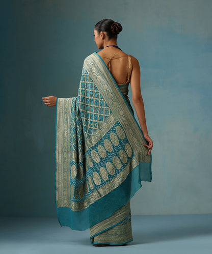 Handloom_Teal_Pure_Georgette_Banarasi_Bandhej_Saree_With_Cutwork_Jaal_WeaverStory_03