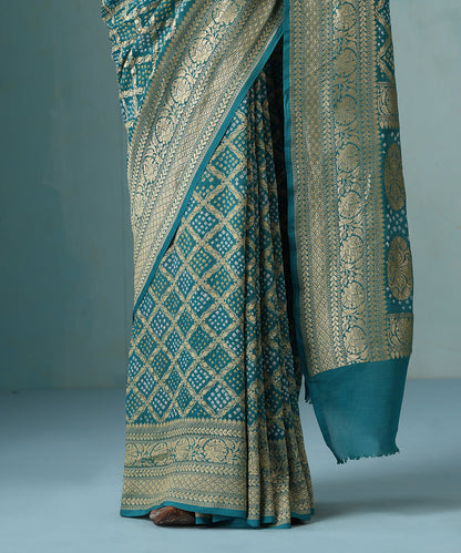 Handloom_Teal_Pure_Georgette_Banarasi_Bandhej_Saree_With_Cutwork_Jaal_WeaverStory_04