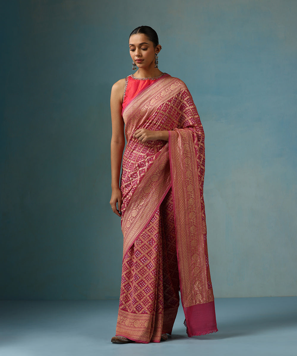 Handloom_Phalsa_Pink_Pure_Georgette_Banarasi_Bandhej_Saree_With_Zari_Border_WeaverStory_01