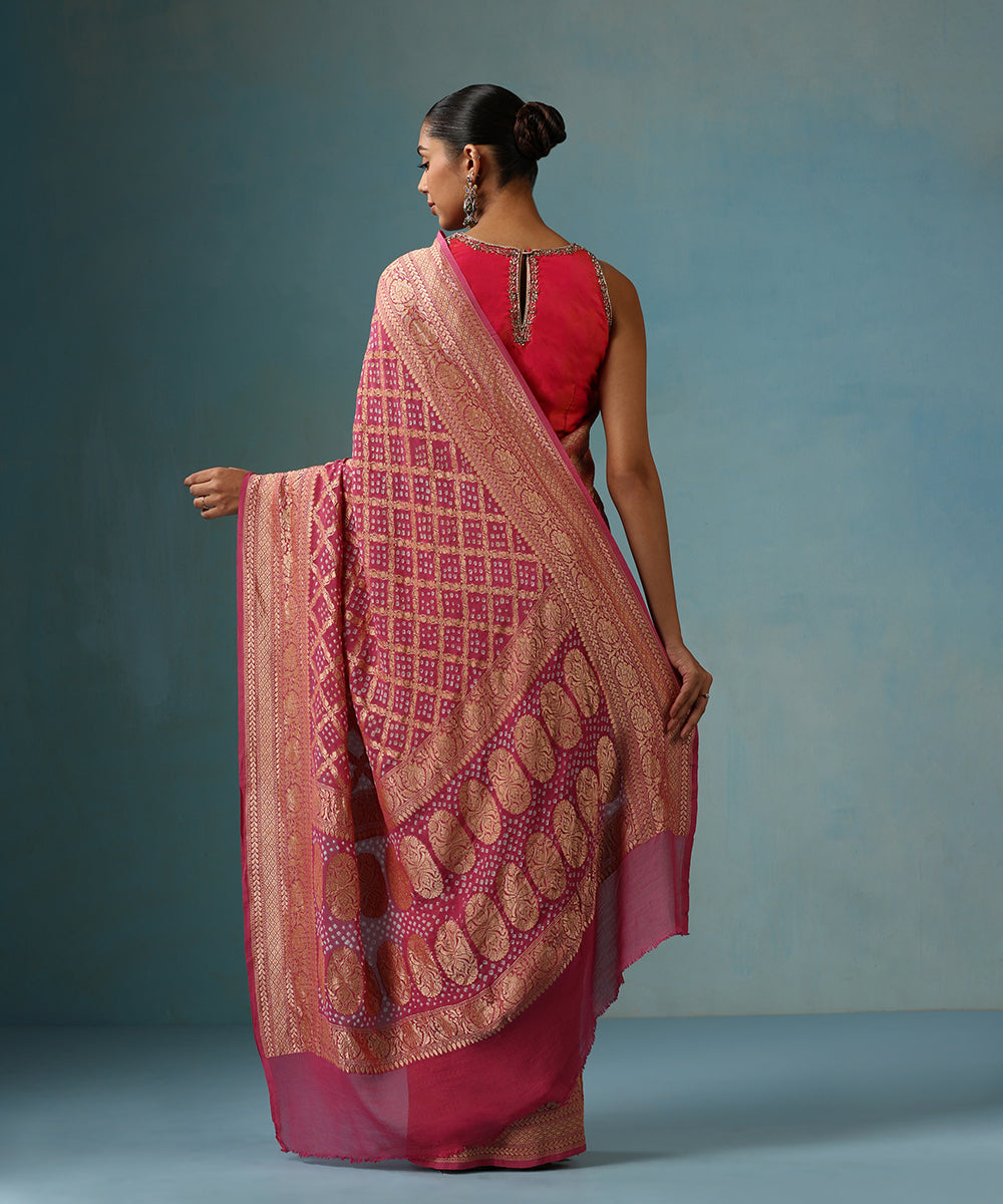 Handloom_Phalsa_Pink_Pure_Georgette_Banarasi_Bandhej_Saree_With_Zari_Border_WeaverStory_03