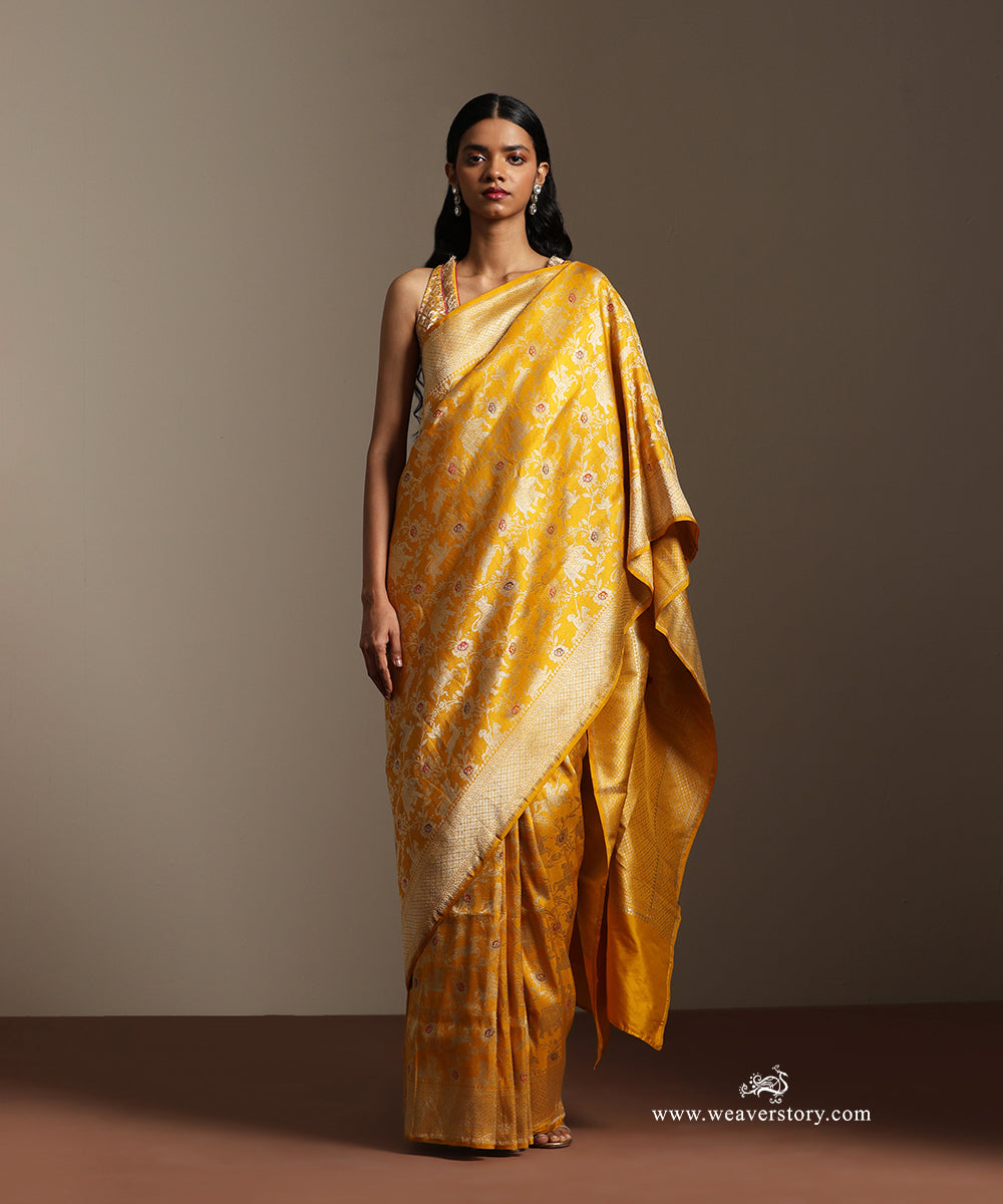 Mustard_Pure_Katan_Silk_Zari_Weft_Shikargah_Saree_With_Meenakari_WeaverStory_01