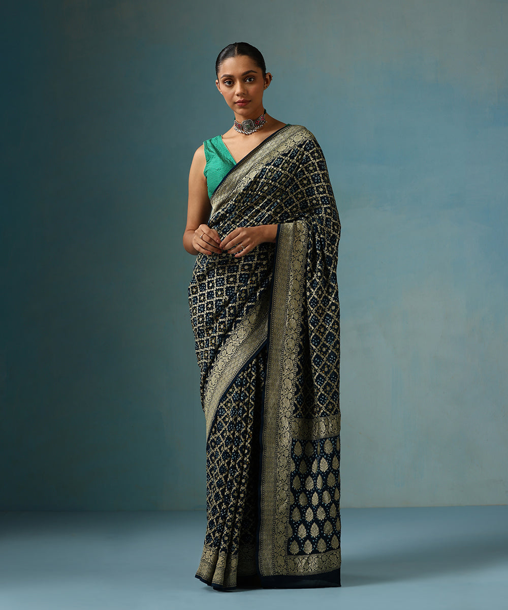 Navy_Blue_Handloom_Pure_Georgette_Banarasi_Bandhej_Saree_With_Floral_Border_WeaverStory_01