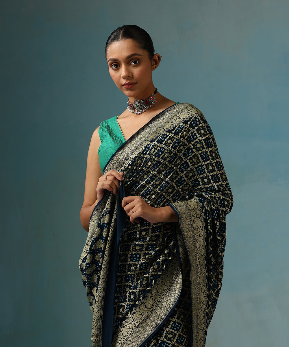 Navy_Blue_Handloom_Pure_Georgette_Banarasi_Bandhej_Saree_With_Floral_Border_WeaverStory_02