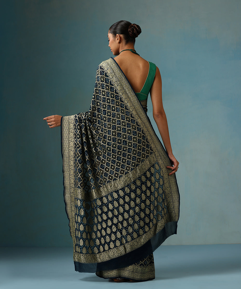 Navy_Blue_Handloom_Pure_Georgette_Banarasi_Bandhej_Saree_With_Floral_Border_WeaverStory_03