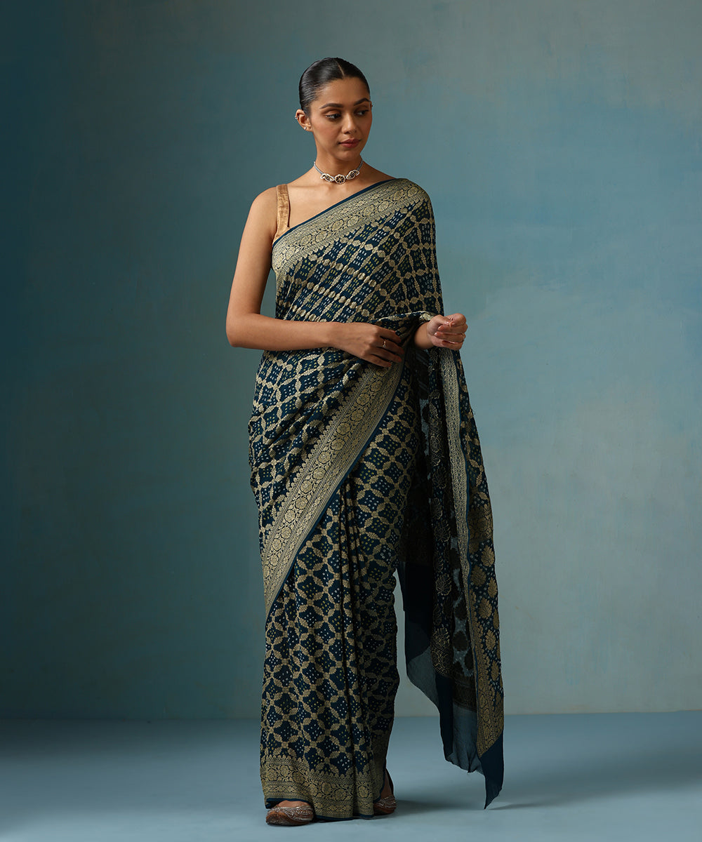 Teal_Blue_Handloom_Pure_Georgette_Banarasi_Bandhej_Saree_With_Zari_Jaal_WeaverStory_01