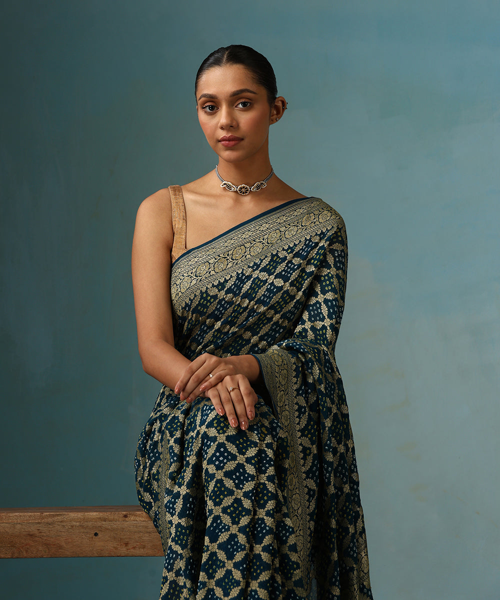 Teal_Blue_Handloom_Pure_Georgette_Banarasi_Bandhej_Saree_With_Zari_Jaal_WeaverStory_02