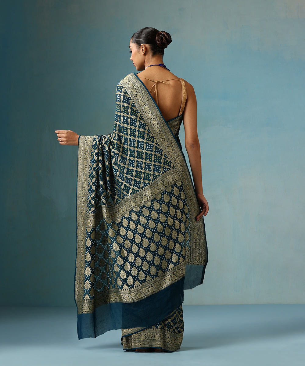 Teal_Blue_Handloom_Pure_Georgette_Banarasi_Bandhej_Saree_With_Zari_Jaal_WeaverStory_03