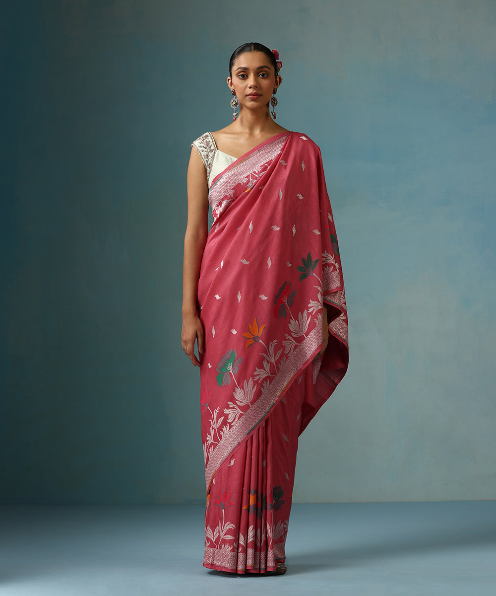 Pink_Handloom_Pure_Tusser_Georgette_Saree_With_Pink_Floral_Border_WeaverStory_01