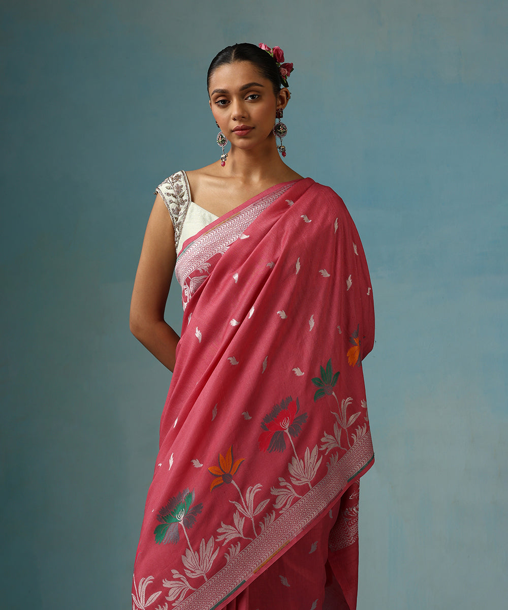 Pink_Handloom_Pure_Tusser_Georgette_Saree_With_Pink_Floral_Border_WeaverStory_02