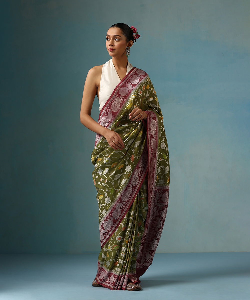 Olive_Green_Handloom_Pure_Tusser_Georgette_Saree_With_Wine_Border_WeaverStory_01