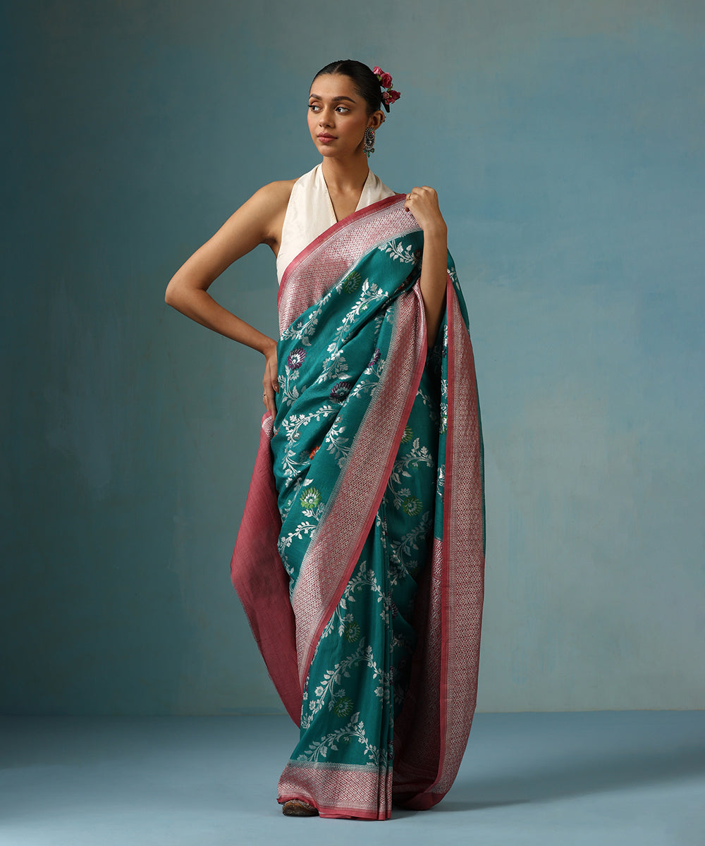 Teal_Handloom_Pure_Tusser_Georgette_Saree_With_Border_WeaverStory_01