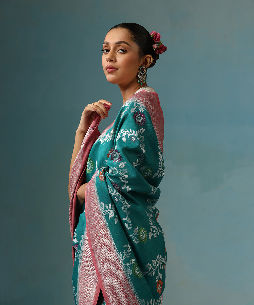 Teal_Handloom_Pure_Tusser_Georgette_Saree_With_Border_WeaverStory_02