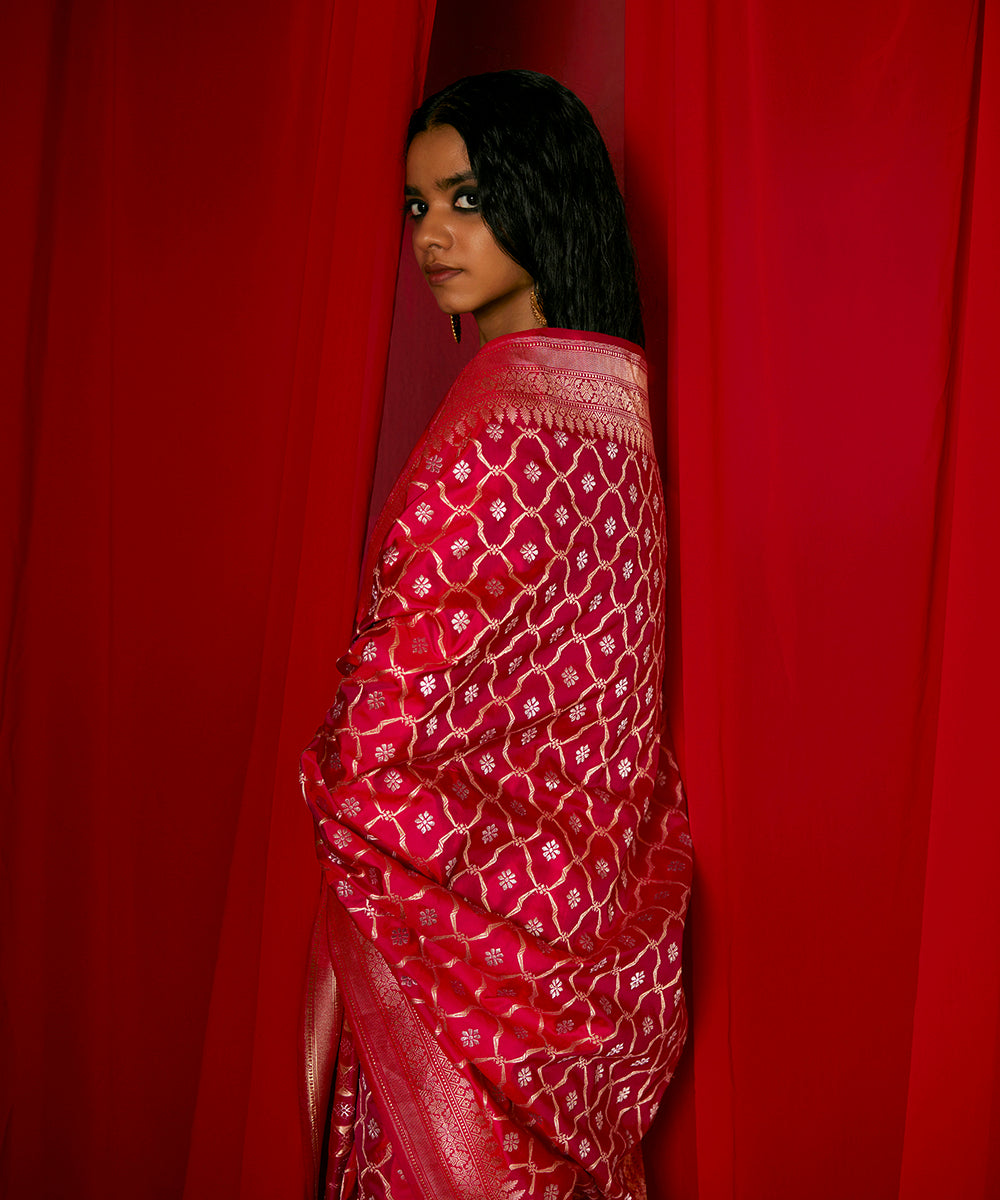 Rani Pink Pure Katan Silk Banarasi Saree With Zari Kadhwa Jaal