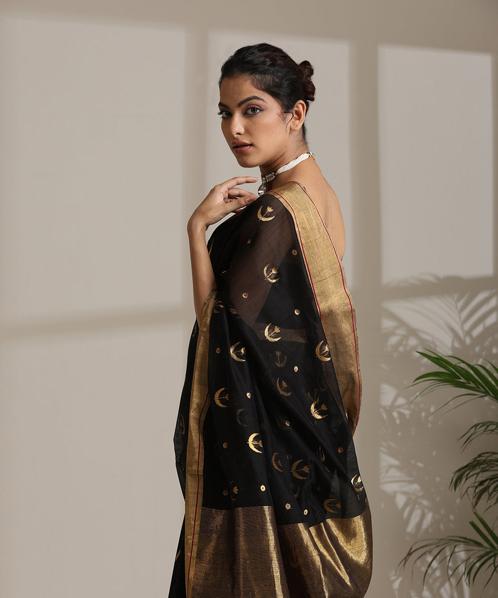 Handloom_Black_Pure_Cotton_Silk_Pure_Chanderi_Saree_With_All_Over_Zari_Motifs_And_Gold_Border_WeaverStory01