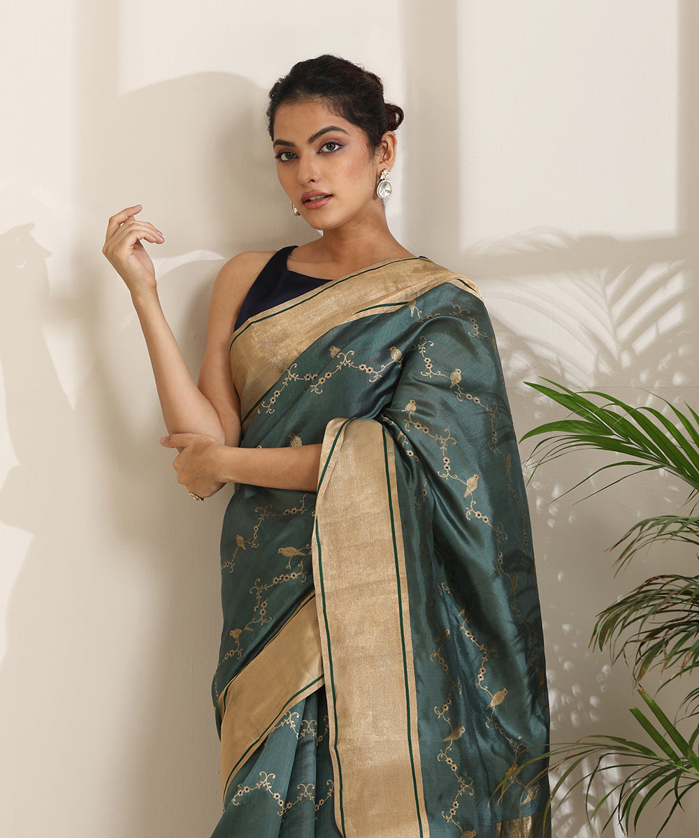 Green_Handloom_Pure_Silk_Chanderi_Saree_With_Birds_On_Branches_WeaverStory01