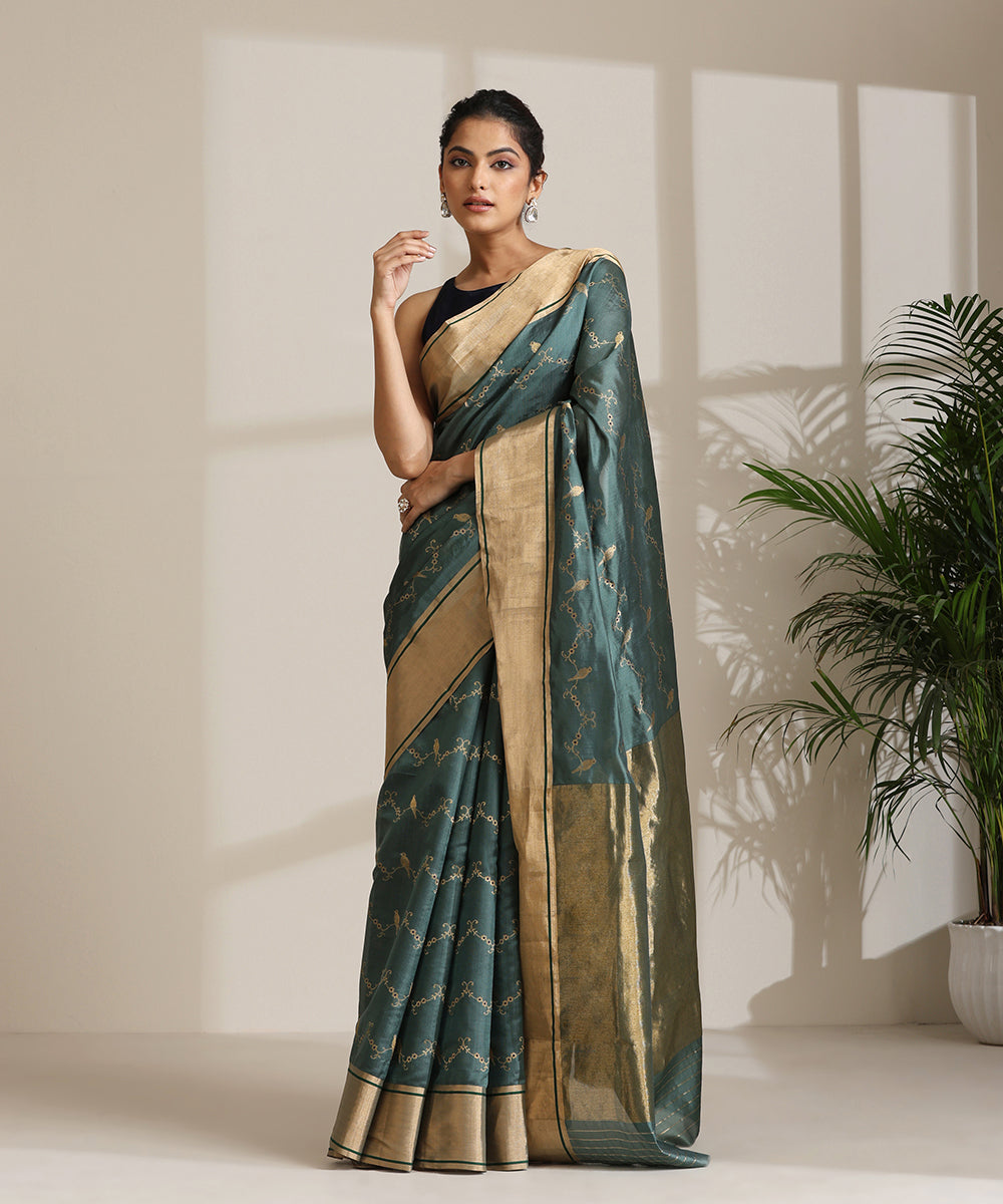 Green_Handloom_Pure_Silk_Chanderi_Saree_With_Birds_On_Branches_WeaverStory02