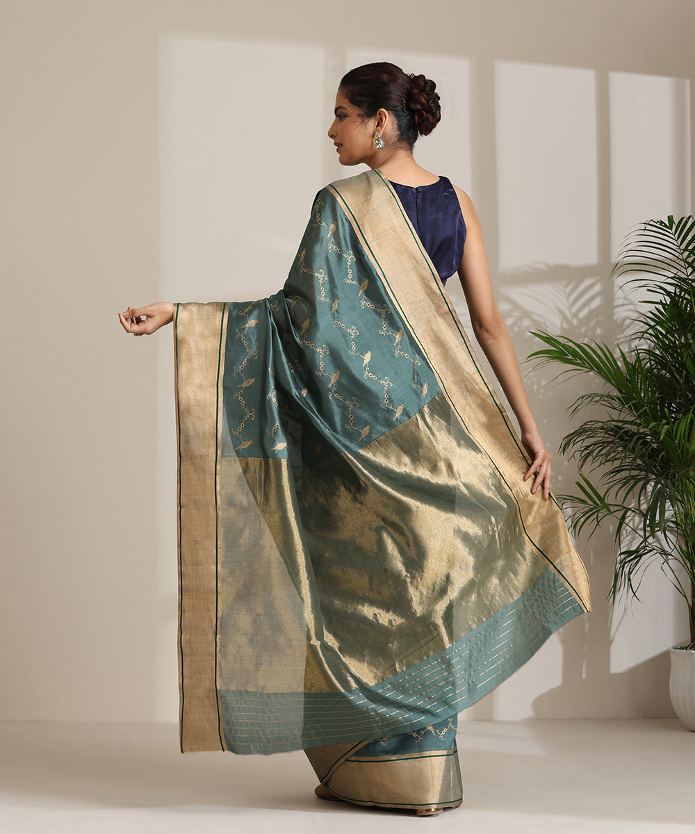 Green_Handloom_Pure_Silk_Chanderi_Saree_With_Birds_On_Branches_WeaverStory03