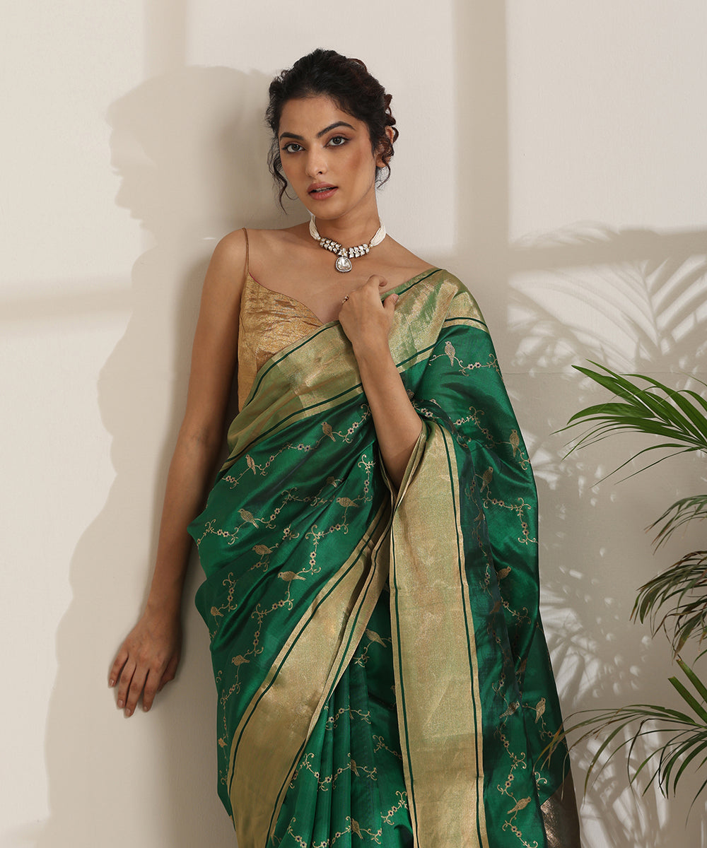 Emerald_Green_Handloom_Pure_Silk_Chanderi_Saree_With_Birds_On_Branches_WeaverStory01