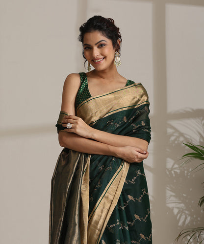 Bottle_Green_Handloom_Pure_Silk_Chanderi_Saree_With_Birds_On_Branches_WeaverStory01