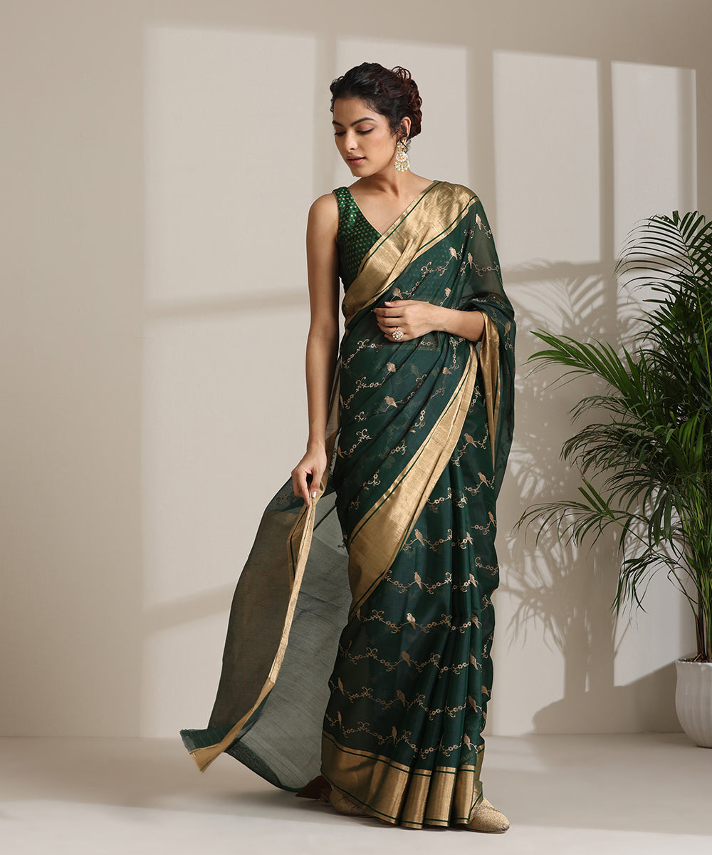 Bottle_Green_Handloom_Pure_Silk_Chanderi_Saree_With_Birds_On_Branches_WeaverStory02