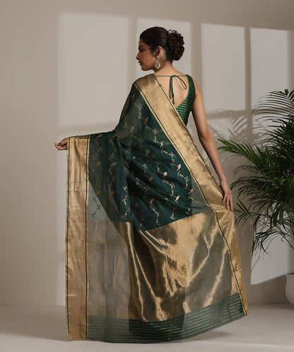 Bottle_Green_Handloom_Pure_Silk_Chanderi_Saree_With_Birds_On_Branches_WeaverStory03