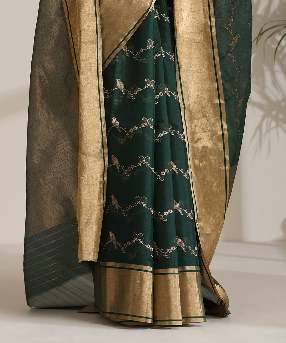 Bottle_Green_Handloom_Pure_Silk_Chanderi_Saree_With_Birds_On_Branches_WeaverStory04