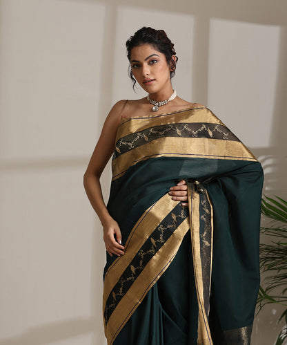 Handloom_Bottle_Green_Pure_Cotton_Chanderi_Saree_With_A_Gold_Zari_Border_And_Birds_WeaverStory01