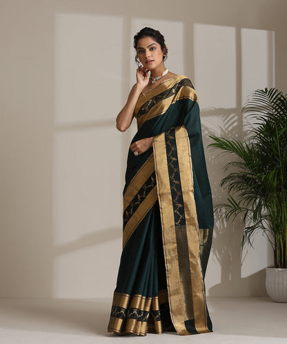 Handloom_Bottle_Green_Pure_Cotton_Chanderi_Saree_With_A_Gold_Zari_Border_And_Birds_WeaverStory02