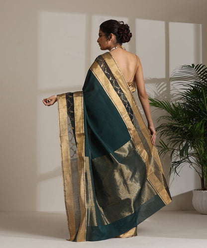 Handloom_Bottle_Green_Pure_Cotton_Chanderi_Saree_With_A_Gold_Zari_Border_And_Birds_WeaverStory03