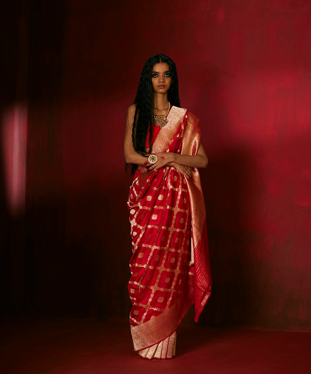 Handloom Red Pure Katan Silk Banarasi Saree With Gold Zari Jaal