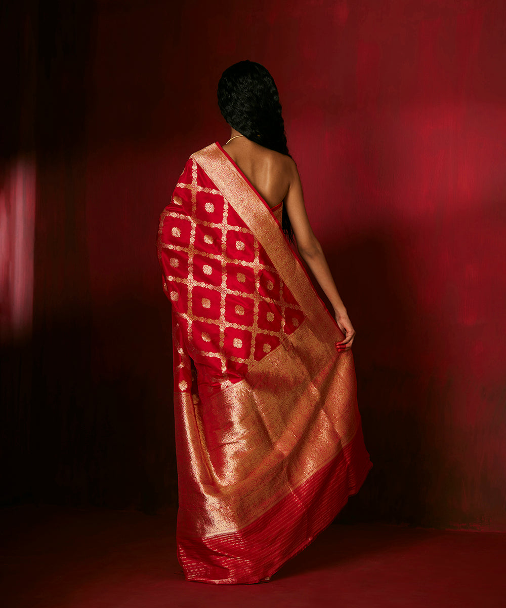 Handloom Red Pure Katan Silk Banarasi Saree With Gold Zari Jaal