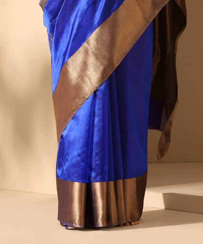 Electric Blue Handloom Pure Plain Chanderi Silk Saree With 6 Inches Border
