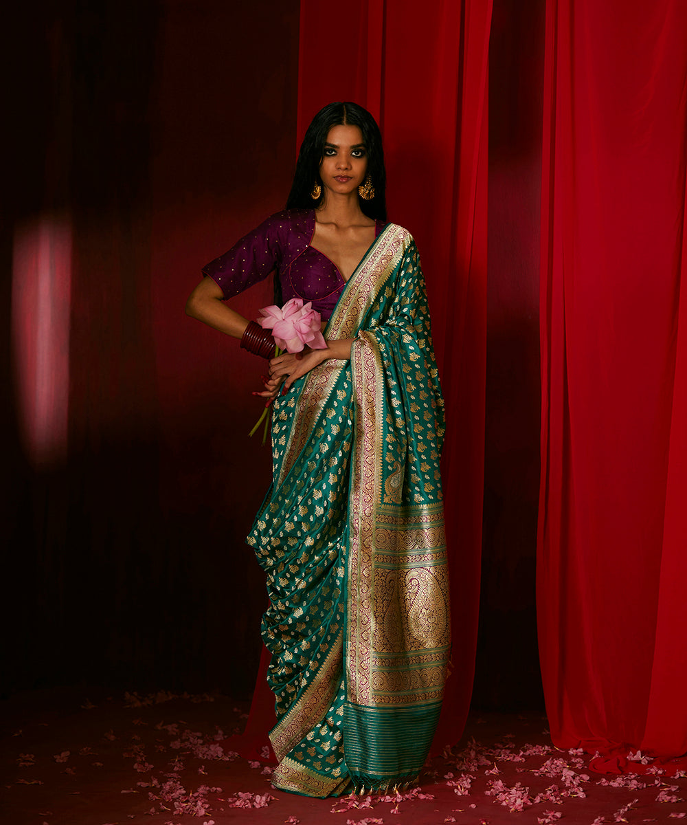 Teal Green Handloom Pure Katan Silk Banarasi Saree With Zari