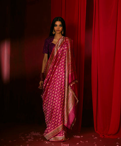 Hot Pink Handloom Pure Katan Silk Banarasi Saree With Zari And Meenakari