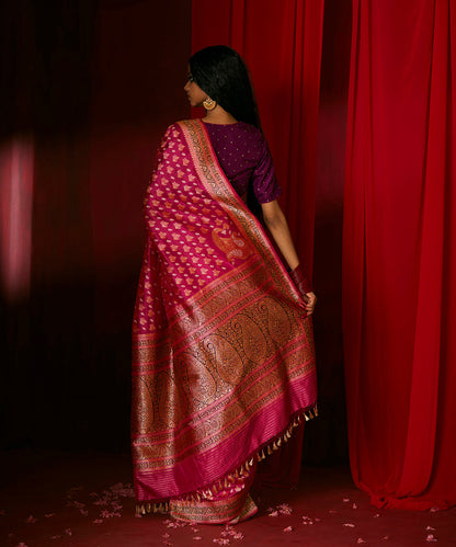 Hot Pink Handloom Pure Katan Silk Banarasi Saree With Zari And Meenakari