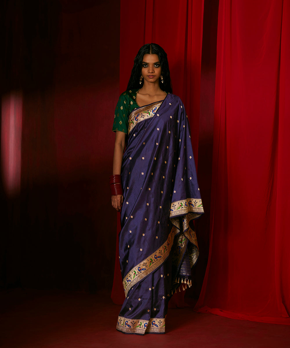 Traditional silver striped kanchivaram silk saree in ink blue and silver  zari border. – Meshira